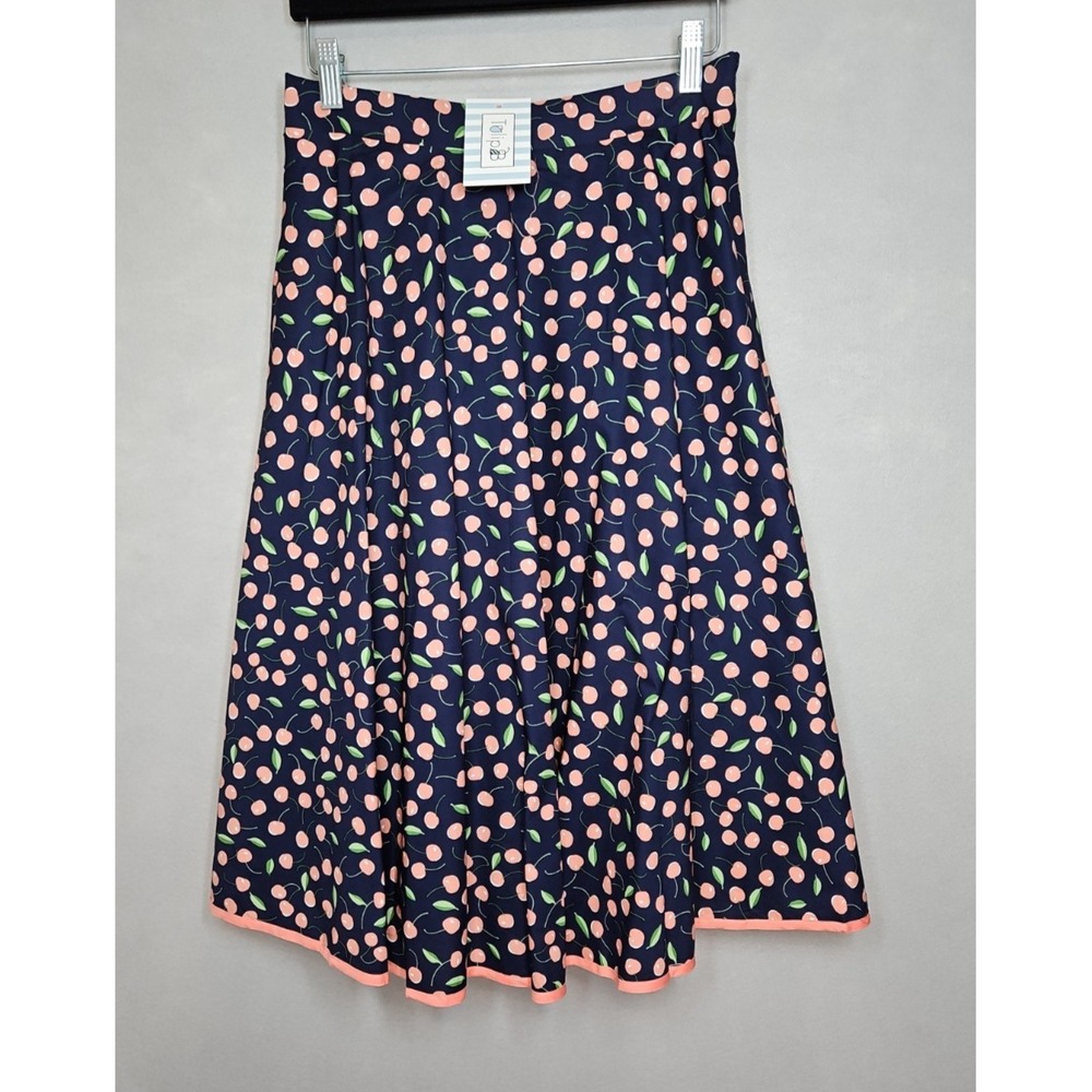 Tulip B Womens Blue Cherry Print A Line Midi Skirt w/ Pockets Size Large NWT